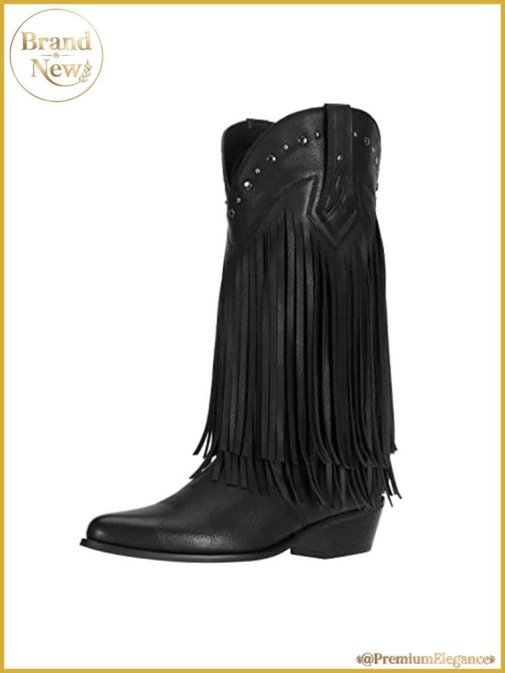 Fringe Cowboy Boots Women Wide Mid Calf Studded Pointed Toe Chunky Heel Western